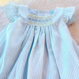 NWT Edgehill Collection 3 M Baby Blue Smocked Neck Pinstriped Dress 100% cotton